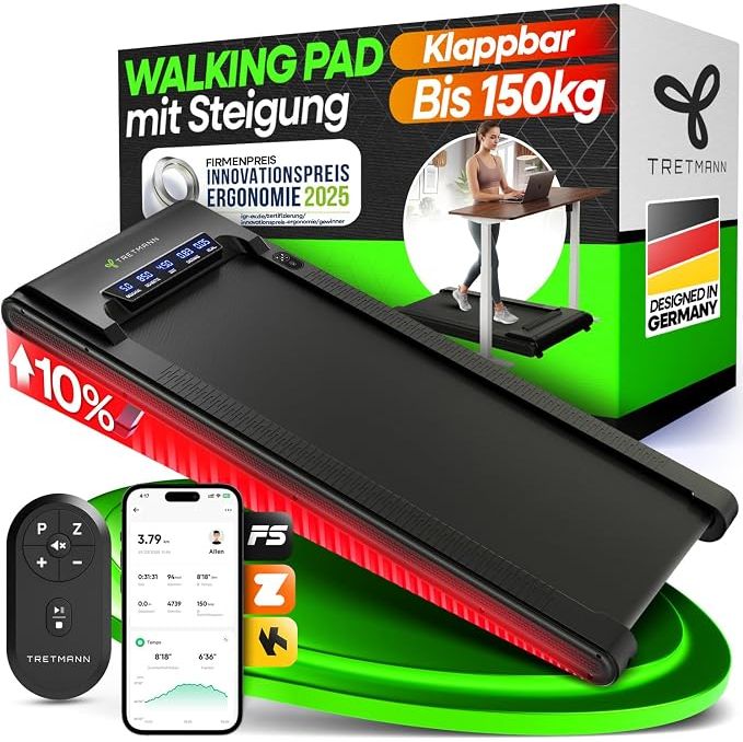 Laufband-Walking Pad mit Steigung klappbar – extra leise [LongLife Laufdeck]-TRETMMANN